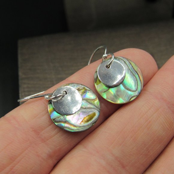 Sterling Silver Thin Circle Abalone Shell Earrings - Picture 2 of 5